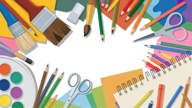 Colorful set of creative office and school supplies arranged in a circular pattern