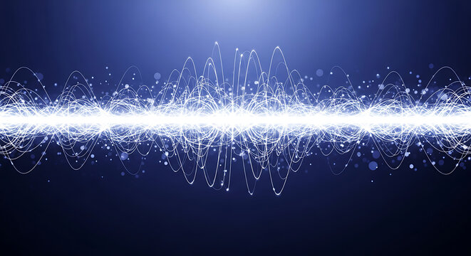 Abstract digital audio waveform visualization with glowing blue light particles waveform visualization particles frequency technology abstract communication soundwave electronic vibration