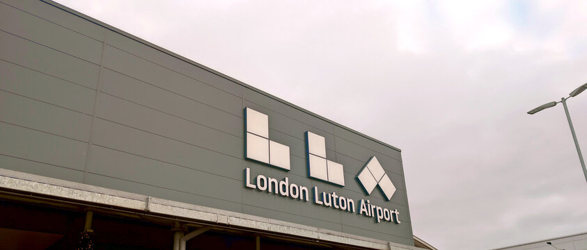 Luton, England, UK - 16 November 2025: London Luton Airport, official logo and sign, United Kingdom travel infrastructure