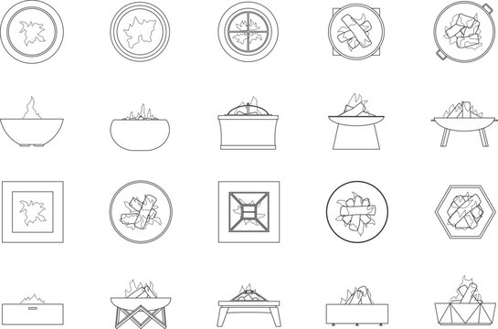 fire pit collection, blueprint, elevation, top and front view, floor plan, indoor, architectural plan, editable stroke, vector