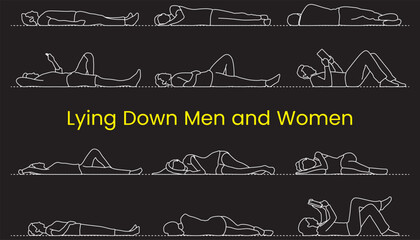 Lying down men and women set, people, human, architectural element, blueprint, line art, silhouette, editable stroke, vector © Hasan