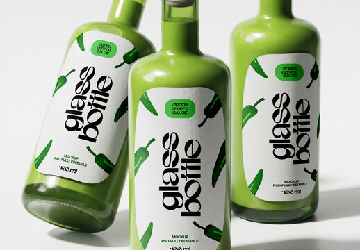 Glass Bottle Label Mockup Set Three Bottles On Studio Background