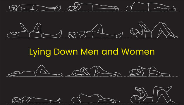 Lying down men and women set, people, human, architectural element, blueprint, line art, silhouette, editable stroke, vector