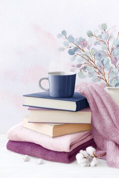 a cozy watercolor scene with books, a coffee cup, and a folded blanket on a table