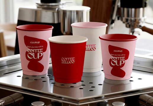 Takeaway Cup Set Mockup Multiple Cups On Coffee Machine In Cafe Scene