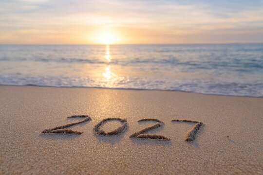 2027 artwork, written in the sand on an empty beach with a calm sea and sunset background.