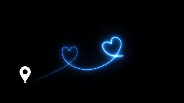 Glowing neon line love heartbeat Curved dotted line with heart shapes, romantic arrow path, love trail design, decorative swirl line.4k motion graphics video animation
