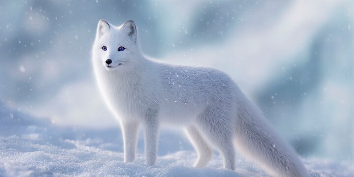 a beautiful white fox with silver fur and blue eyes stands on the snow, its coat shimmering like diamonds under the sunlight. the background is an icy landscape, with snowflakes falling around it.