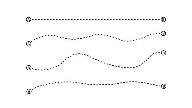 Multiple route paths A to B navigation journey system dotted direction lines vector design animation.4k motion graphics video animation