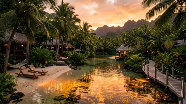 Tropical resort with overwater bungalows and wooden walkway at sunset in bora bora, french polynesia