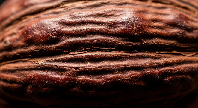 Extreme Close-up Macro Texture of a Nut Shell with Deep Grooves and Rich Brown Color