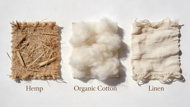 Comparison of sustainable textile fibers including hemp, organic cotton, and linen samples on white background.