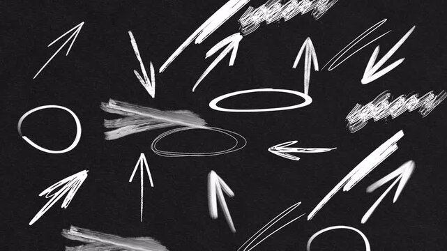Animated white chalk sketches on black background featuring diverse arrows and circles with stop motion flickering effect for projects.