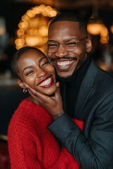 Fototapeta premium Couple smiling and embracing inside festive bar interior