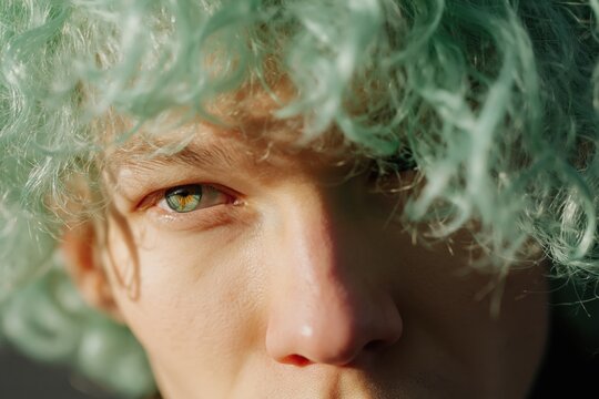 Close up of green curly hair and partial face in sunlight
