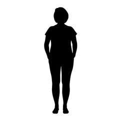 Woman stands in a simple upright pose with hands resting in her pockets. © RanaMuhammad