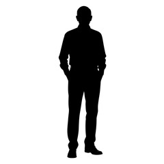 Businessman stands in a formal suit while keeping his hands inside his trouser pockets. © RanaMuhammad