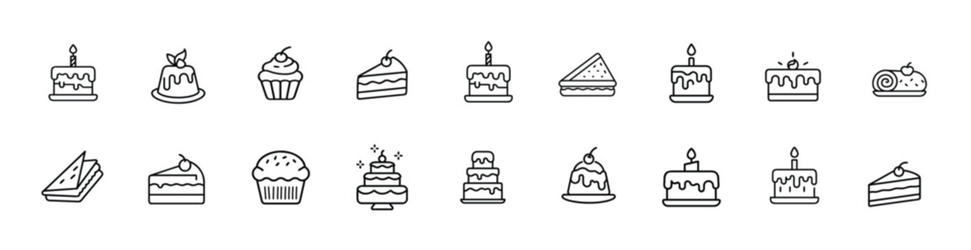 Birthday cake decoration cream pastry web line icons set styled curvy candle cake slice decoration sweet dessert pudding cherry topping & more with editable stroke