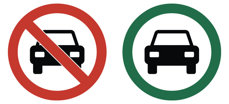 Car Traffic Sign set, allowed and prohibited vehicle symbols, road safety regulation icons, driving control and transport restriction pictograms, vector warning and permission signs.