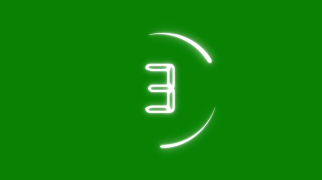 Chroma key white neon digital counter 3 2 1 0 countdown clock animation with glowing circular speed line loop for gaming intro technology streaming video editing 4k vfx