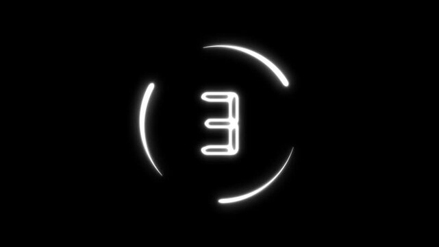 White neon digital 3 2 1 0 countdown timer loop with circular energy ring and transparent alpha channel background overlay for youtube intro presentation 4k motion graphics vfx