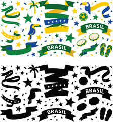 Fototapeta premium Vibrant Brazil carnival festive holiday symbols with waving national flags colored ribbons bright stars cute toucans soccer balls tambourines flip flops and palms.