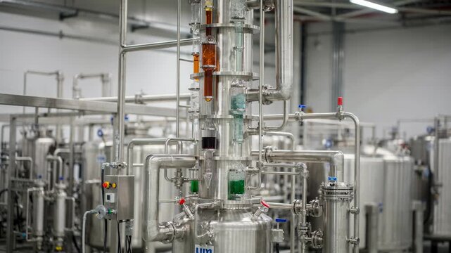 Medium shot of a distillation unit with a fractional column efficiently separating solvents during dye production in a closedloop recovery system