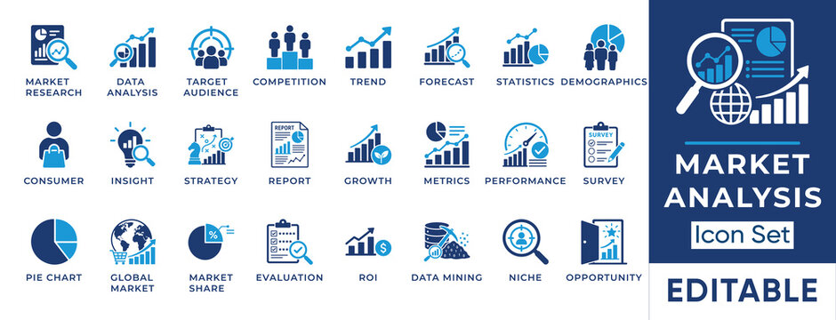 Market analysis solid icon set. Includes symbols for Target Audience, Data Analysis, and ROI. Vector icons for financial dashboards, marketing strategy, and corporate reports.