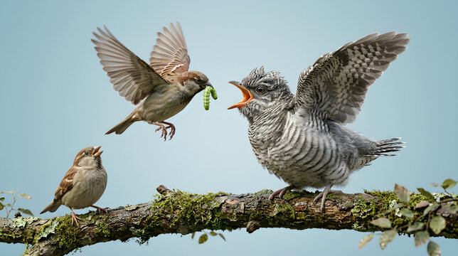 Sparrow feeding common cuckoo chick on mossy branch, brood parasitism in wild nature, small bird bringing caterpillar to large foster fledgling