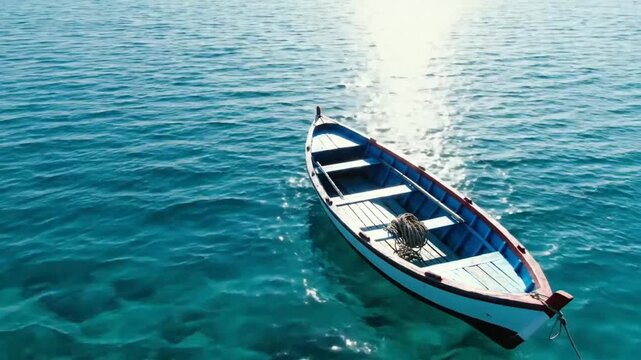 Tranquil Wooden Rowboat Floating Gently on Turquoise Waters Under a Bright Sunlit Sky