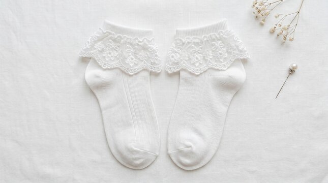 White lace trimmed socks with flowers on fabric