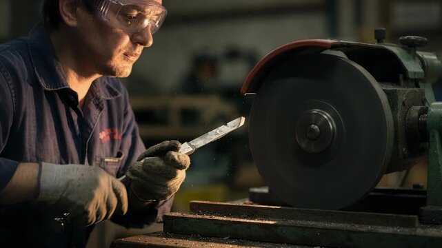 Medium shot of a worker grinding a paring chisel refining the blades sharpness with sparks flying on a highspeed grinding wheel