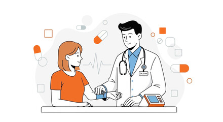 Obraz premium Medical Examination Illustration: Doctor Checking Patient's Blood Pressure in Minimal Art Style