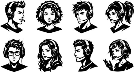Collection of eight male and female gamer avatars with headsets and microphones in modern vector graphic style © PIXAVIVE