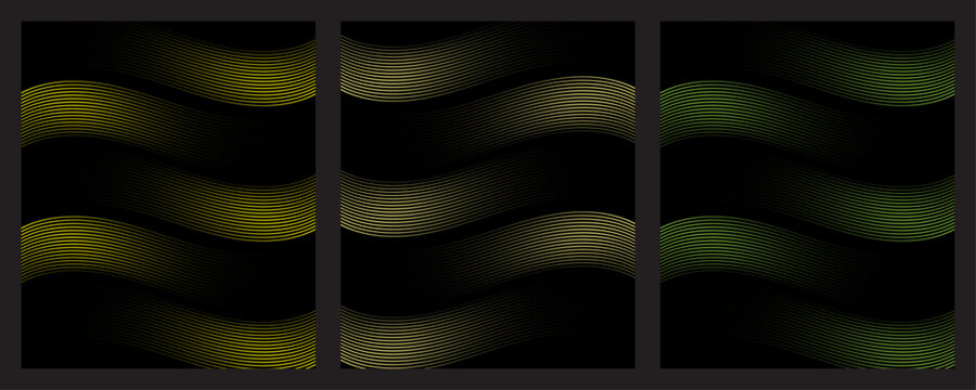 Dynamic abstract background gradient wave lines in yellow and green triptych
