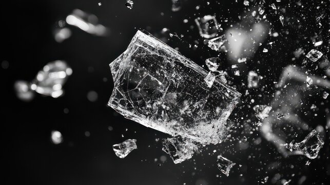 Abstract close-up of ice cubes shattering and splashing in motion against a dark background