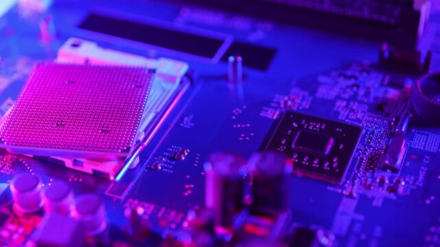 Close up view on PC hardware as concept of cyber attacks target physical components such as CPUs, motherboards, firmware, USB ports, and memory chips. Bypass software defense and physical protection.