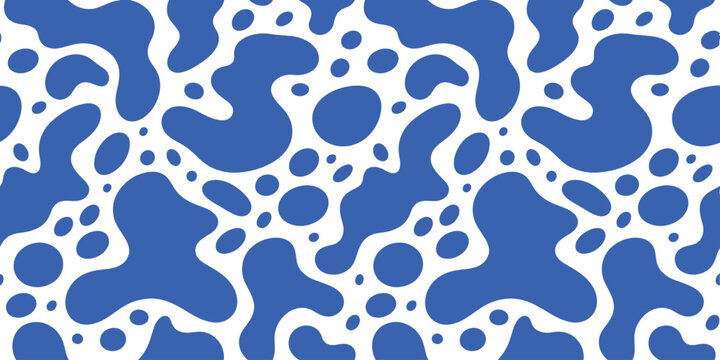 Blue abstract organic fluid shapes seamless pattern backdrop. Vector illustration of minimal liquid splash and cow print texture representing modern fashion textile template.