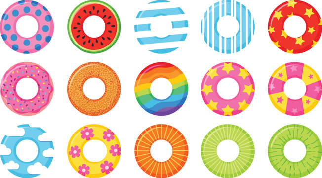 Colorful inflatable swim ring collection with fun patterns summer pool and beach vector illustration set