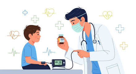 Obraz premium Medical Examination Illustration Depicting Child Patient Interaction with Physician and Medicine