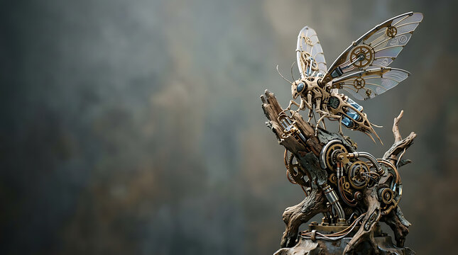 Steampunk mechanical insect perched on a clockwork branch