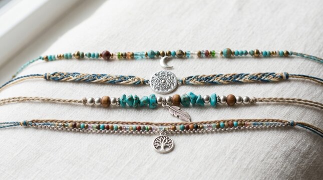 Silver beaded bracelets with turquoise and floral filigree charms on wooden surface