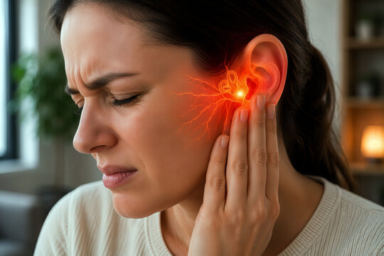 Woman Suffering from Ear Pain with Highlighted Inner Ear Inflammation Concept