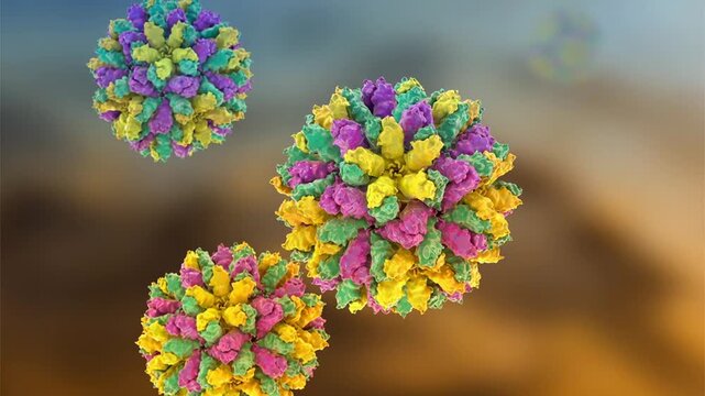 Rabbit haemorrhagic fever virus particles, ai-assisted 3D animation showing slowly rotating non-enveloped calicivirus virions, illustrating highly contagious viral disease in rabbits.