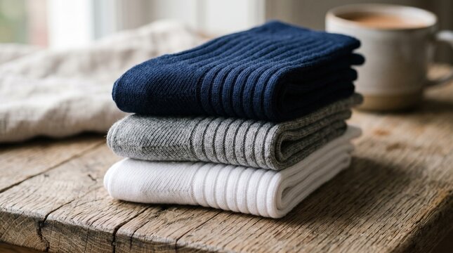 Stack of folded sweaters on a wooden table with a cup of coffee