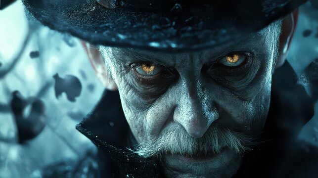 Close-up of an old man with glowing eyes and a hat, looking menacingly forward