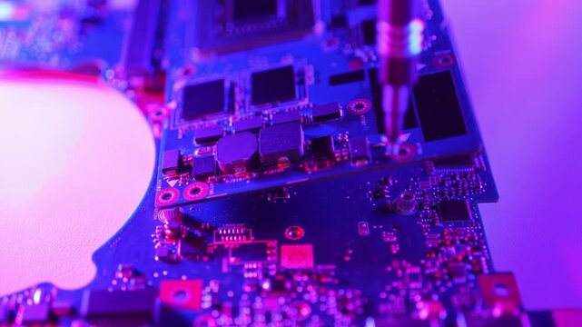 Computer hardware repair with screwdriver tool technology concept. Defense against phishing malware and ransomware on hardware level. Patch, monitoring stopping threats reduce damage digital defense.