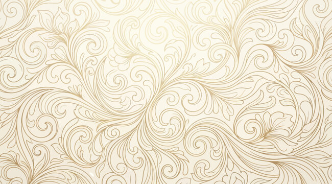 Luxurious gold floral damask pattern, intricate swirls and vintage ornate flourishes on beige background