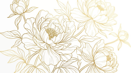 Obraz premium Golden line art peony flowers and leaves on elegant luxury floral illustration with blooming gold peonies