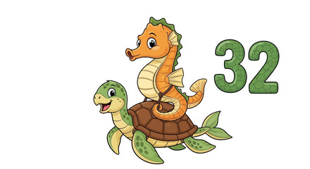 Naklejka premium Cute Cartoon Sea Turtle Giving A Ride To A Seahorse With Number Thirty Two